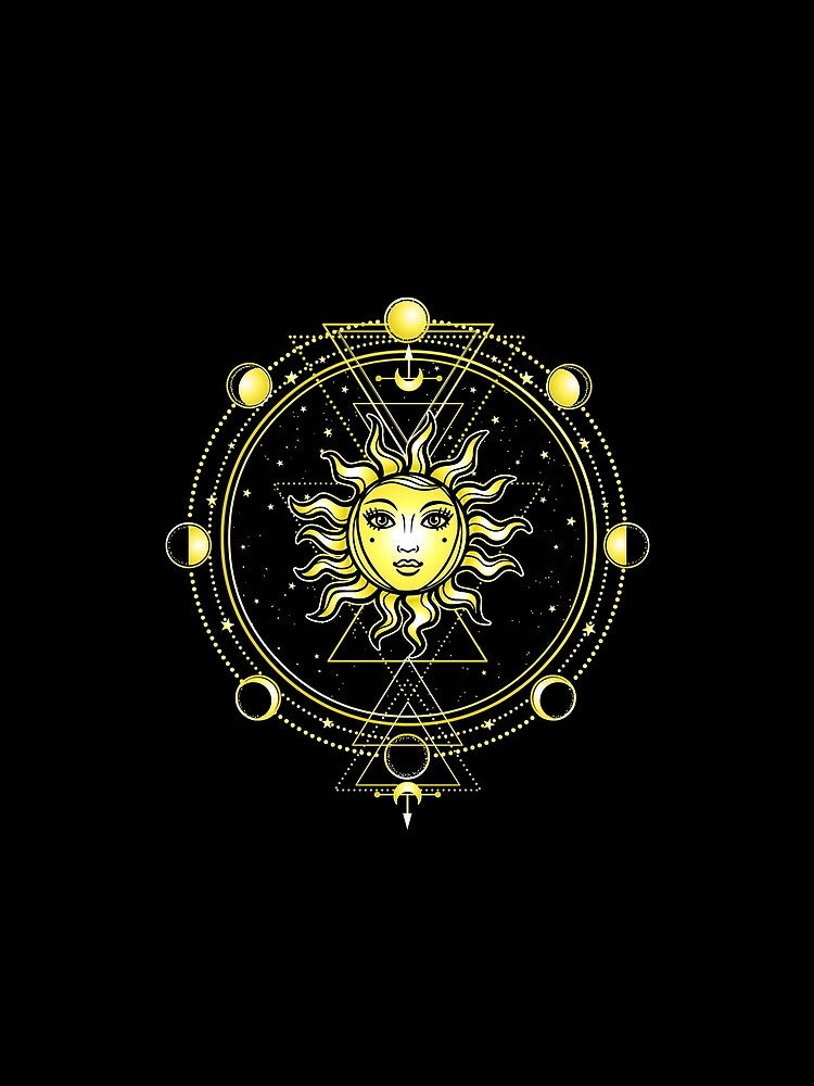 Mystical drawing: the sun with a human face, sacred geometry, phases of the moon. Esoteric, mysticism, occultism. Print, poster, t-shirt, card. by YanaZvereva