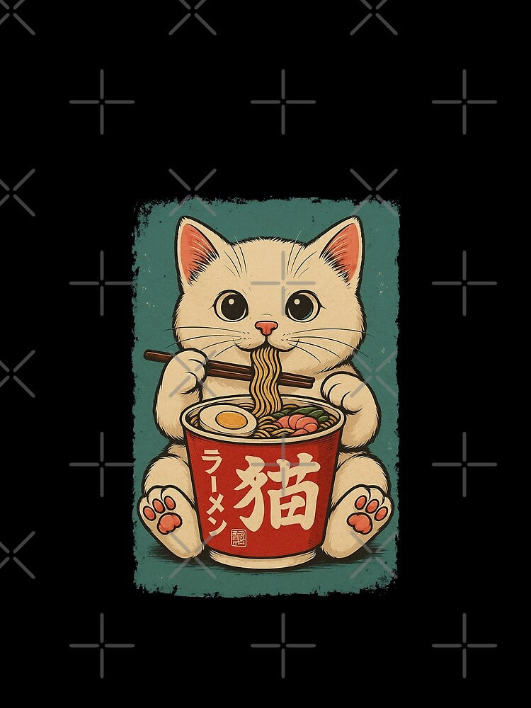 White Cat Cup Ramen Vintage Japanese Cute Retro Noodle Art by Damcoc