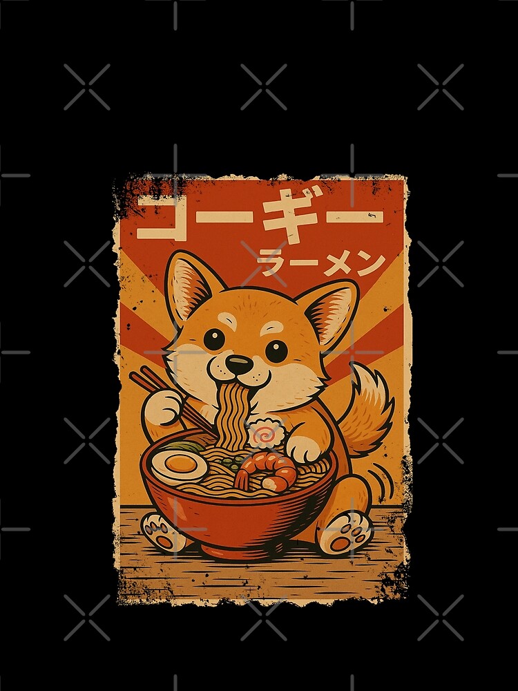 Corgi Ramen Wagging Tail Rising Sun Retro Japanese Style by Damcoc