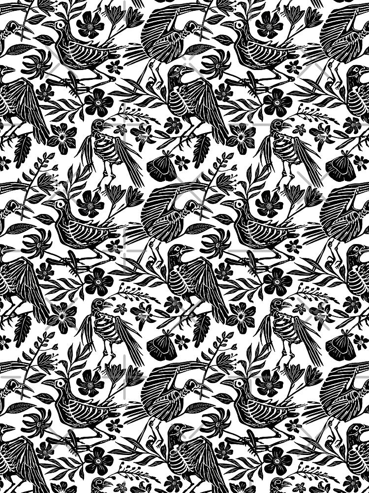 Dark folk art linocut block print floral bird skeleton pattern by RedFinchDesigns