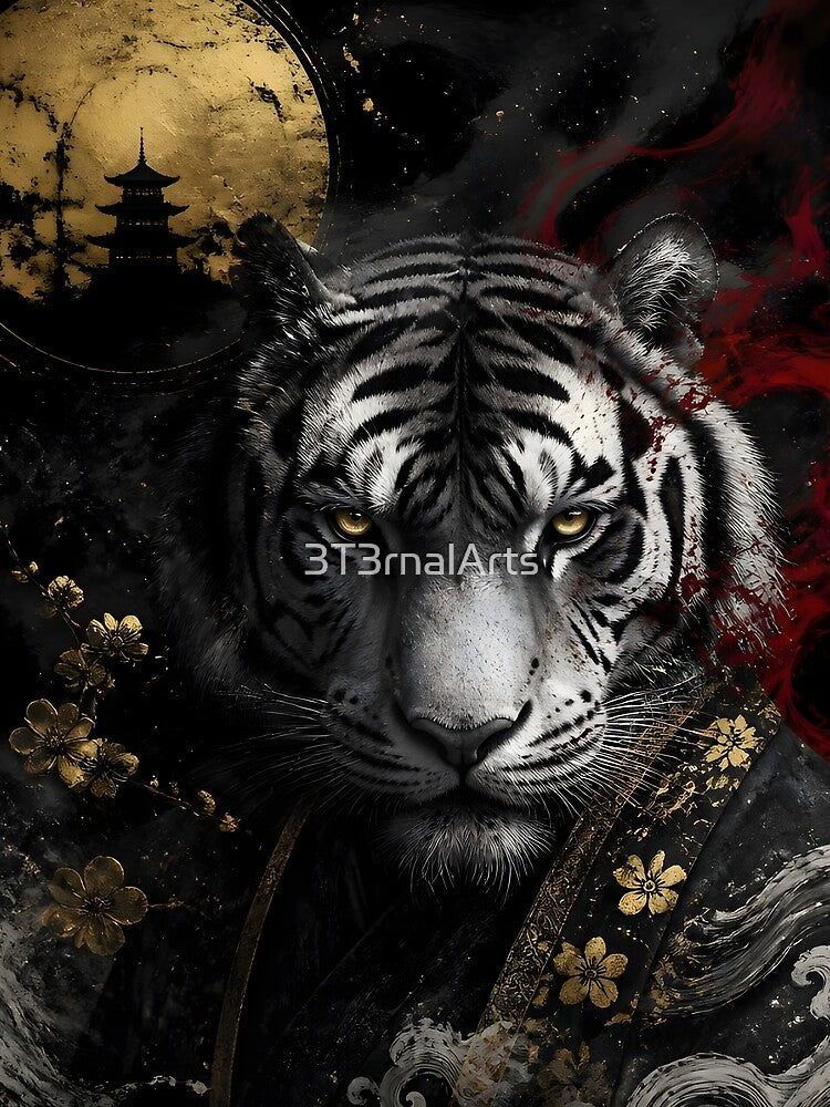 White Tiger Japanese Samurai Art | Gold Pagoda Dark Tiger Print by 3T3rnalArts
