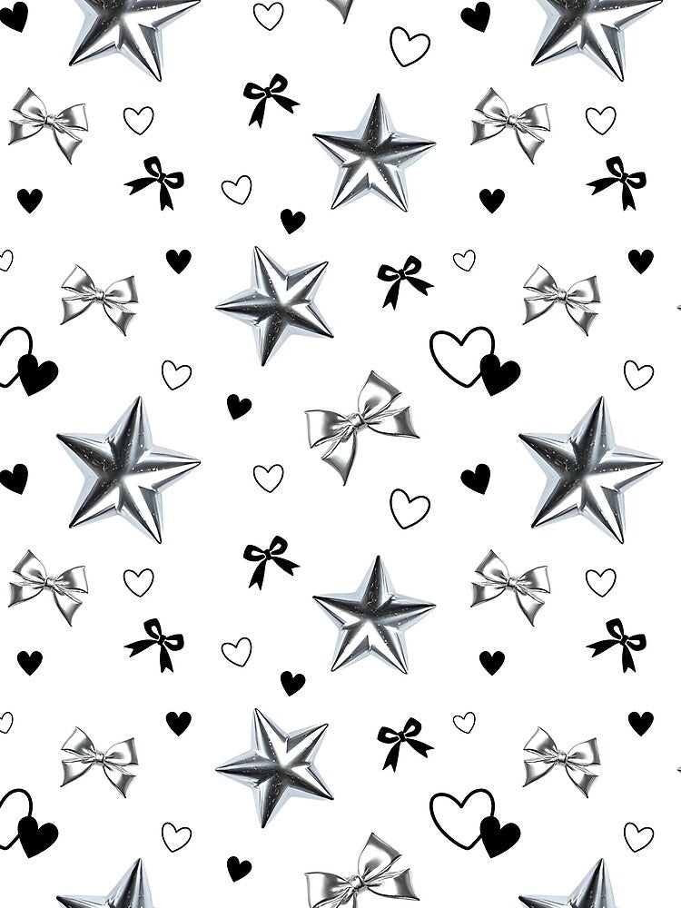 Cyber Y2K Metallic Star Ribbon Monochrome Repeating Pattern by LoviqueLab
