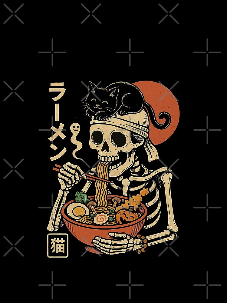 Samurai Skeleton Slurping Ramen with Black Cat & Moon Japanese Retro Noodle Art Vintage Style by Damcoc