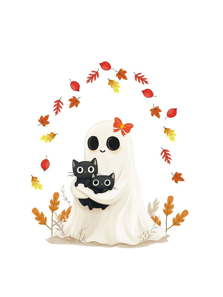 Cute Autumn Ghost Hugging Black Cats | Fall Halloween Season Design by MiraCatMiraCle