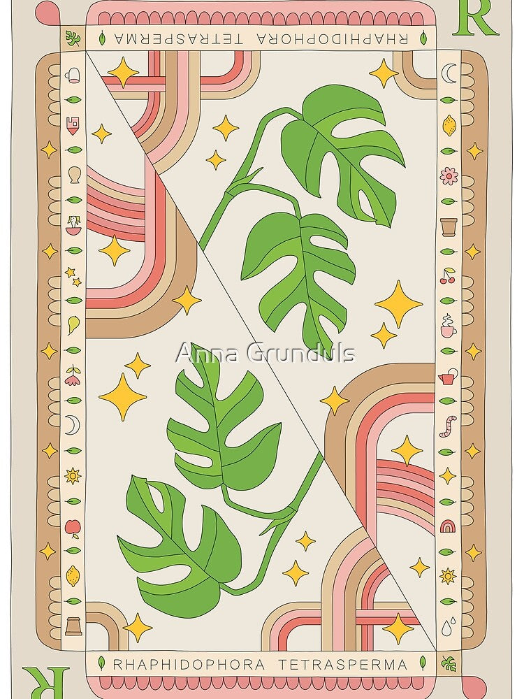 Raphidophora Tetrasperma Monstera Minima Plant Playing Card Boho Illustration by Anna Grunduls