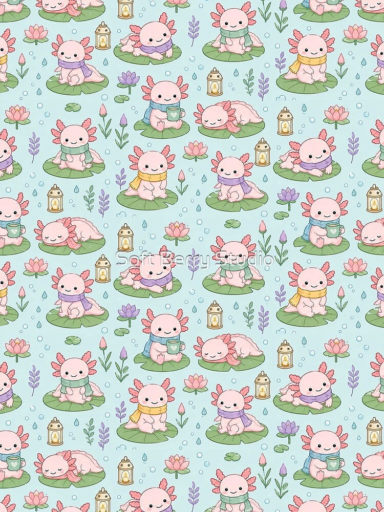 Cute Axolotl Cozy Pond Pattern | Kawaii Lotus Aesthetic Pastel by Soft Berry Studio