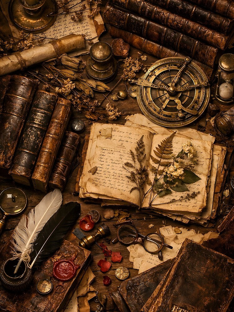 Antique Scholar Desk – Vintage Books, Manuscripts and Alchemy Still Life by BTBArtwork