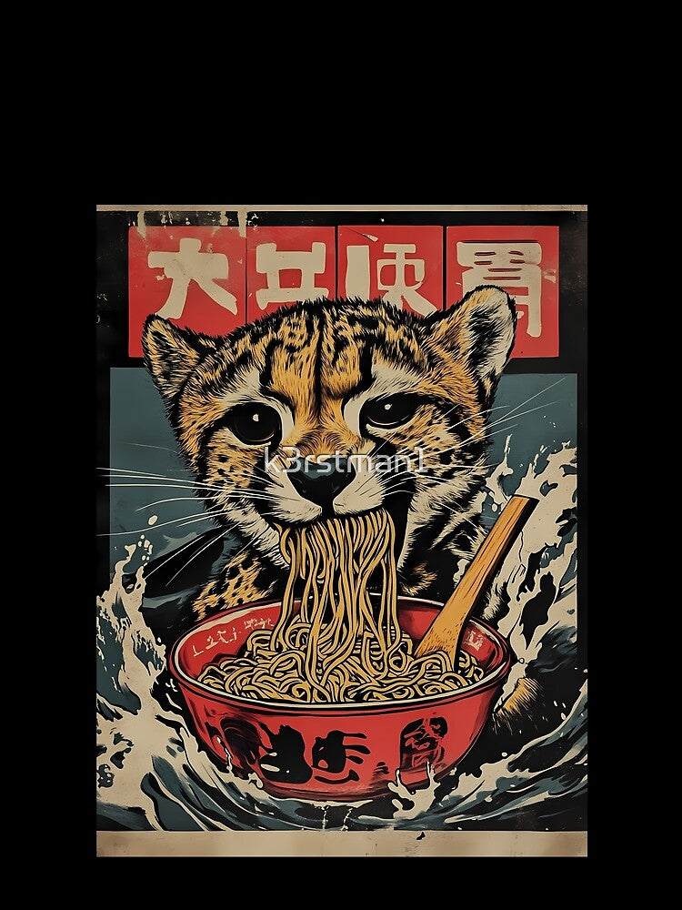 Big Cat Eating Ramen Japanese Vintage Poster by k3rstman1