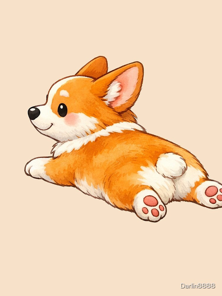 Cute Corgi Sploot – Cozy Watercolor Dog Illustration by Darlin8888