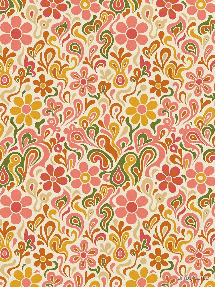 Groovy Floral Retro Pattern – Pink, Mustard & Olive 70s Vibes by artby-tania