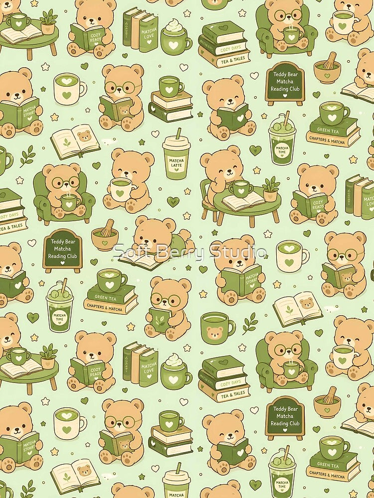 Teddy Bear Matcha Reading Club Pattern by Soft Berry Studio