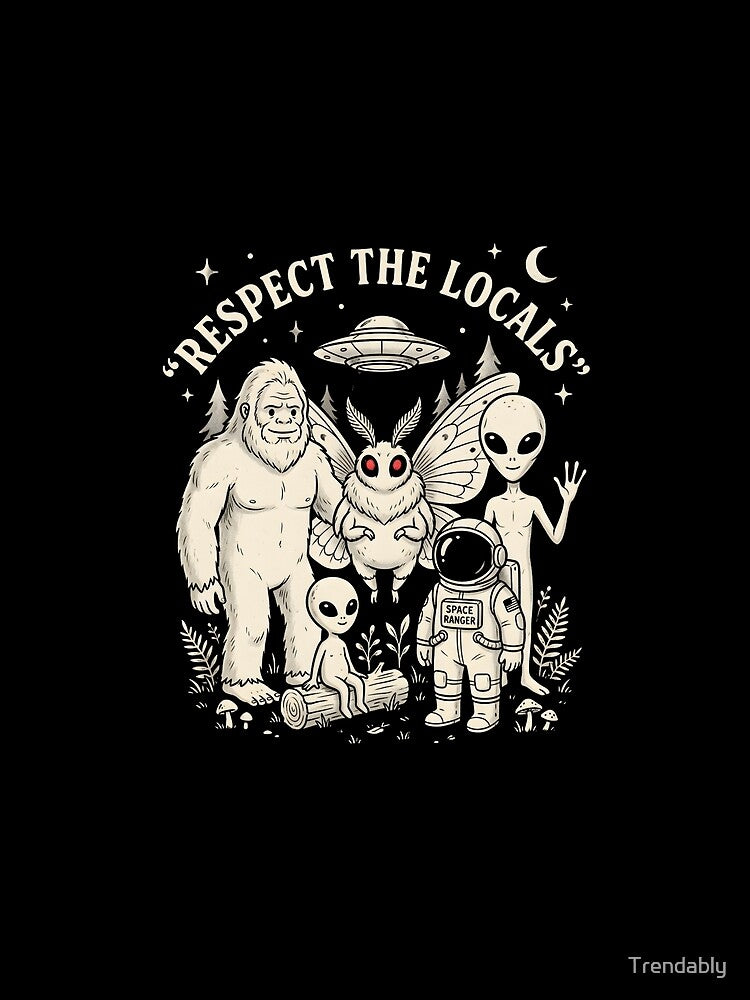 Respect The Locals Vintage Cryptid Alien Stamps Bigfoot Mothman UFO T-Shirt | Retro Camping Graphic Gift by Trendably
