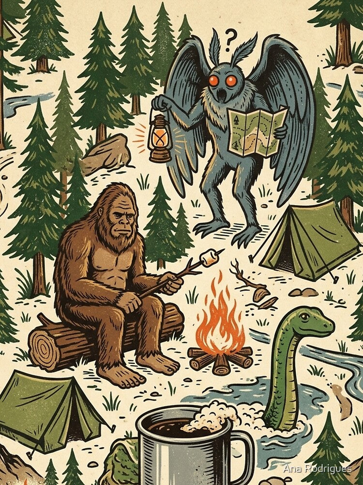 Funny Bigfoot & Mothman Camping Cryptid Pattern by 0Zetgest