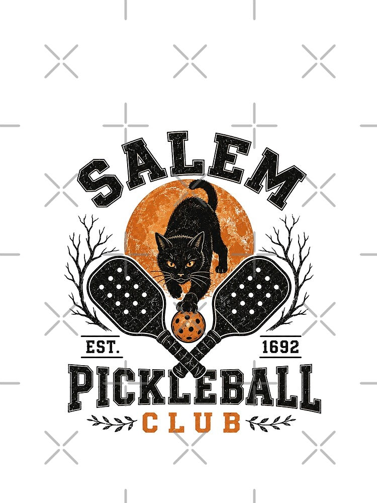Salem Pickleball Club Vintage Halloween Black Cat Design by SpookyShadesLab