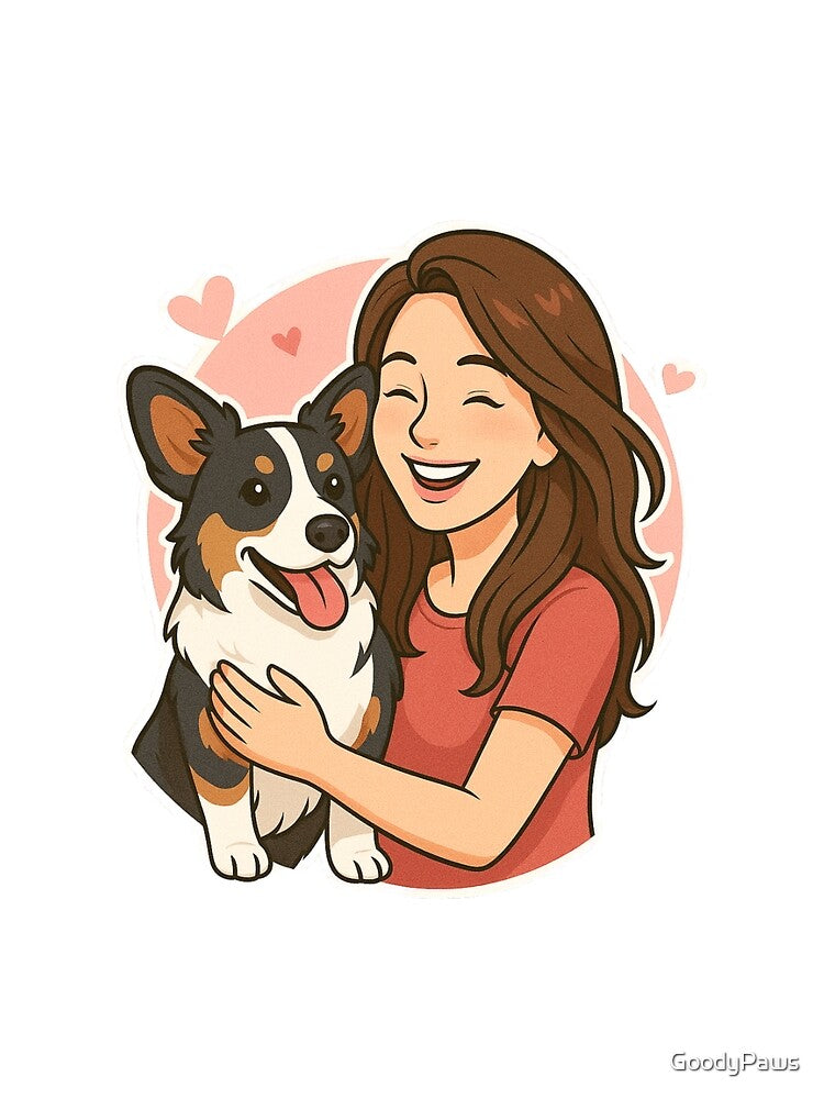 Tail-Wagging Bond: Woman & Cardigan Welsh Corgi Cartoon by GoodyPaws