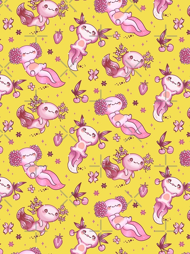 Kawaii Axolotl All Over Seamless Pattern Yellow by MnEmzStudio