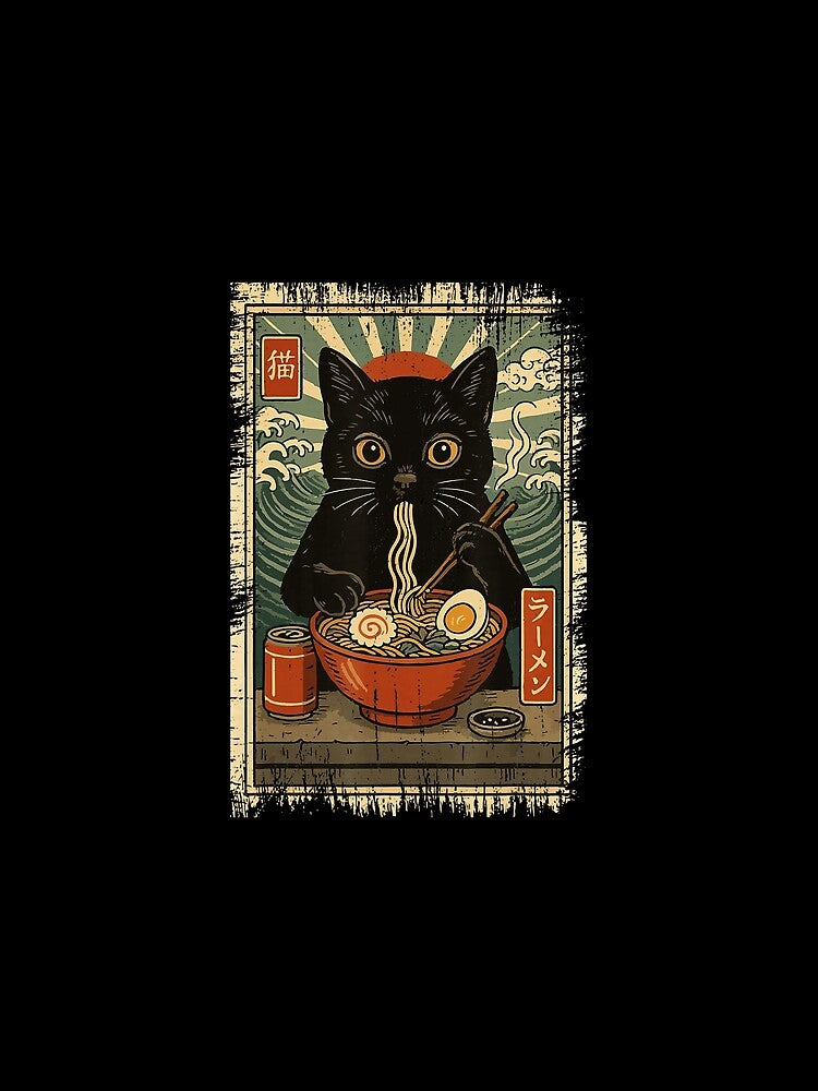 Cat Eating Ramen Retro Japanese Noodle Illustration by titanlevi