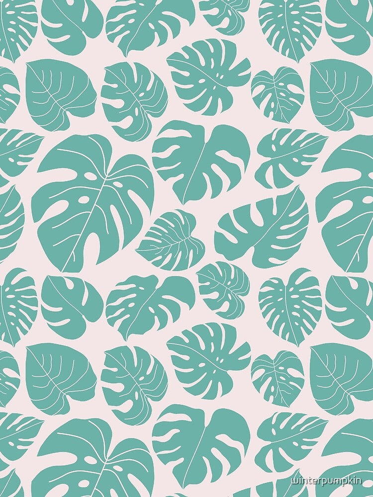 Green and Light Pink Monstera Leaves Bold Pattern by winterpumpkin