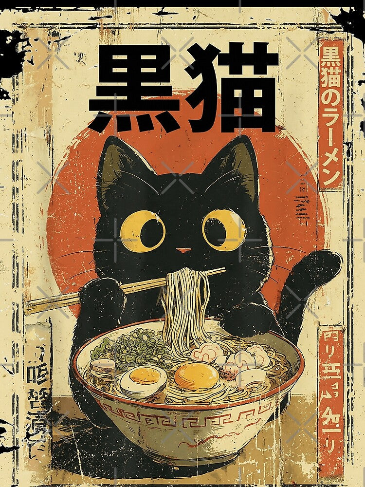 Kawaii Black Cat Ramen Noodle Lover Japanese Vintage Art by Bongocomic