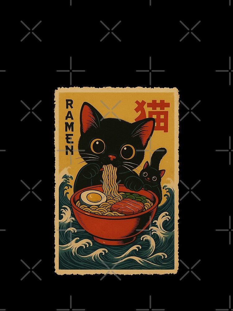 Funny Black Cat Ramen Japanese Vintage Retro Ocean Wave Style by Damcoc