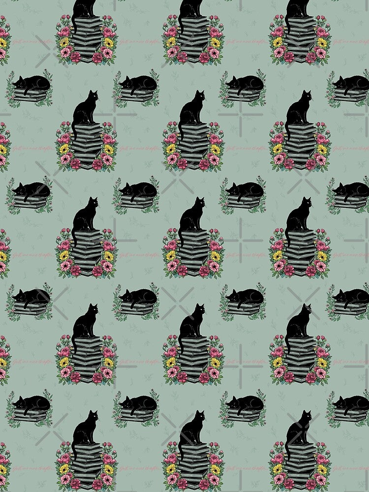 Just One More Chapter – Cats on Books Floral Seamless Pattern in Green by WildLakePatterns