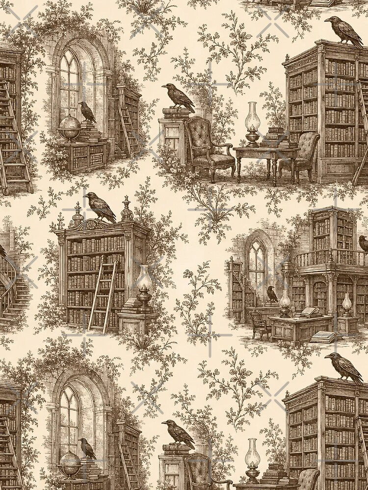 Dark Academia Vintage Library Toile in Sepia Ink and Cream by StickyGuys