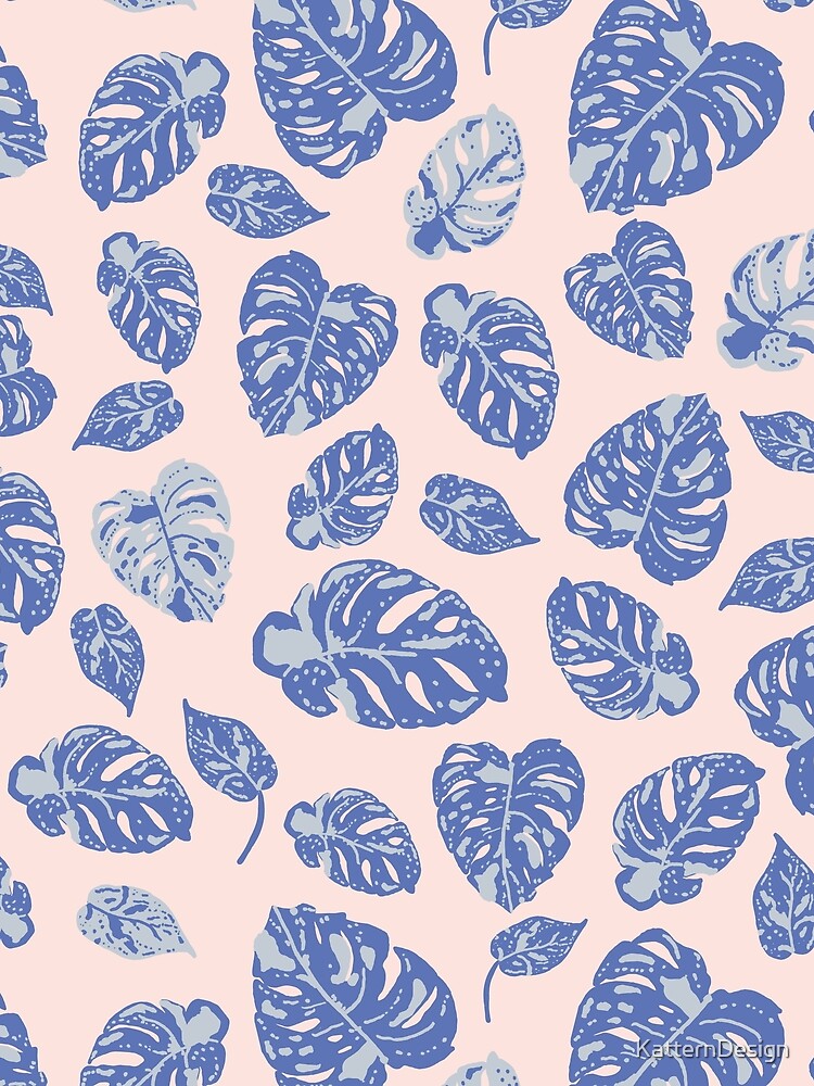 Variegated monstera leaves in blue on pink by KatternDesign