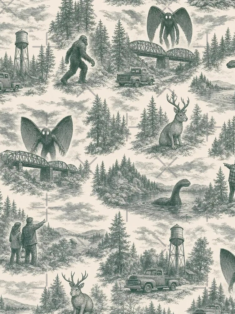 Cryptid Sightings Toile Pattern Vintage Folklore by StickyGuys