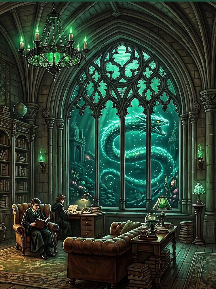 Serpent House Common Room Under the Lake - Dark Academia Fantasy Art by KreonaTime