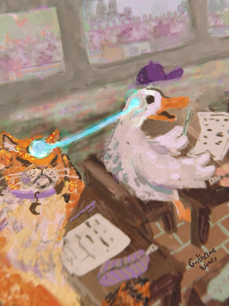 The cat tries to use telepathy to cheat on the test, but the duck didnt study either. by guilhernunes