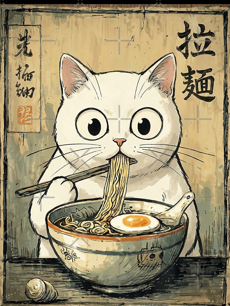 Kawaii Ramen Cat Ukiyo-e Style Japanese Vintage Noodle Lover Gift by Bongocomic
