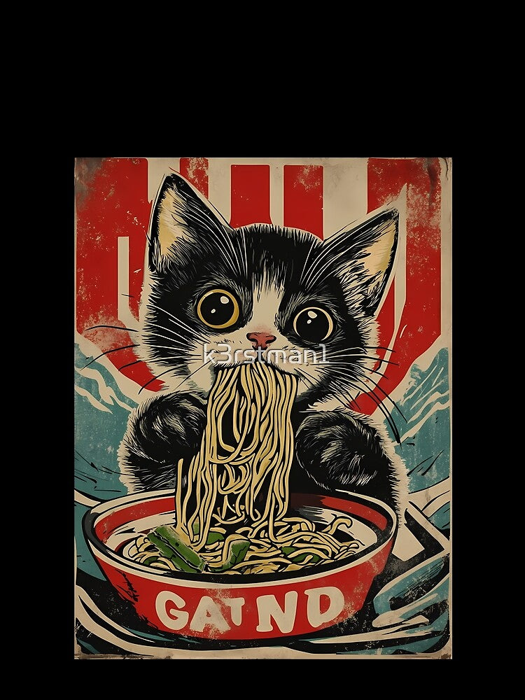 Retro Cat Eating Japanese Ramen Noodle by k3rstman1