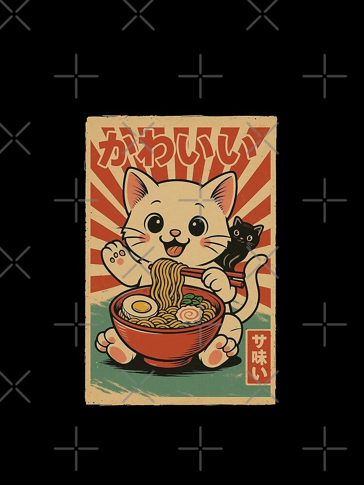 Kawaii Cat Ramen Vintage Japanese Retro Cute Noodle Art by Damcoc