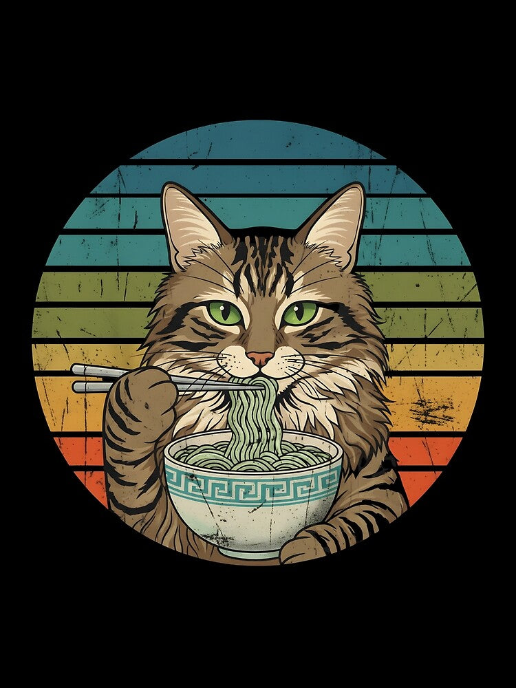 Retro Ramen Cat – Vintage Style Cat Eating Noodles Japanese Food Art by YYoYY