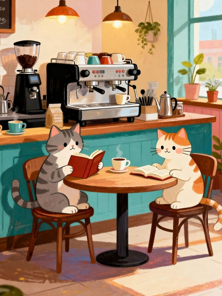 Sunlit Library Cafe Illustration - Reading Cats Wall Art - Whimsical Turquoise Coffee Shop Decor by HappySproutArt