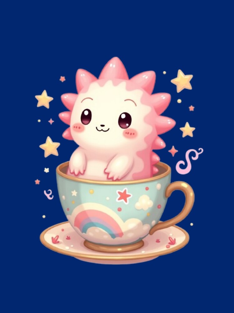 Cute Pink Axolotl in Teacup with Rainbow – Pastel Aesthetic Sticker by CreatvShop