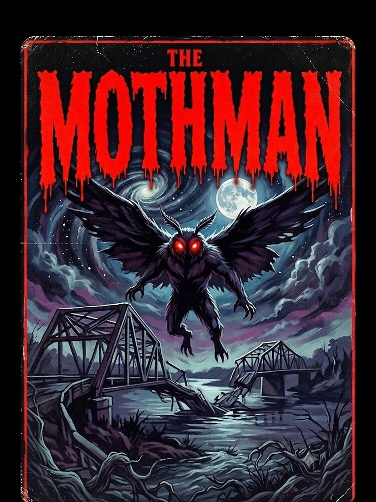 The Mothman Vintage Horror Poster | Cryptid Gothic Moonlit Bridge Art by NostasStuff