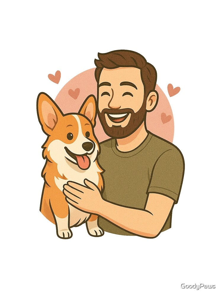 Loyal & Low: Man & Pembroke Welsh Corgi Cartoon by GoodyPaws