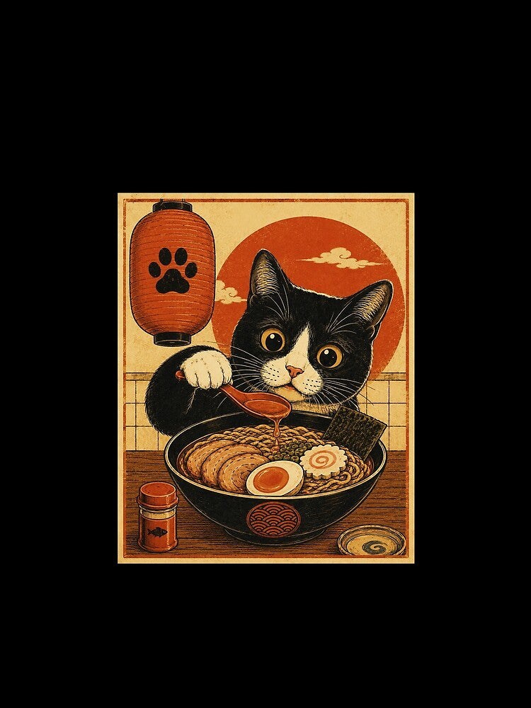 Curious Tuxedo Cat Enjoying Ramen in Vintage Japanese Style by eliramaison