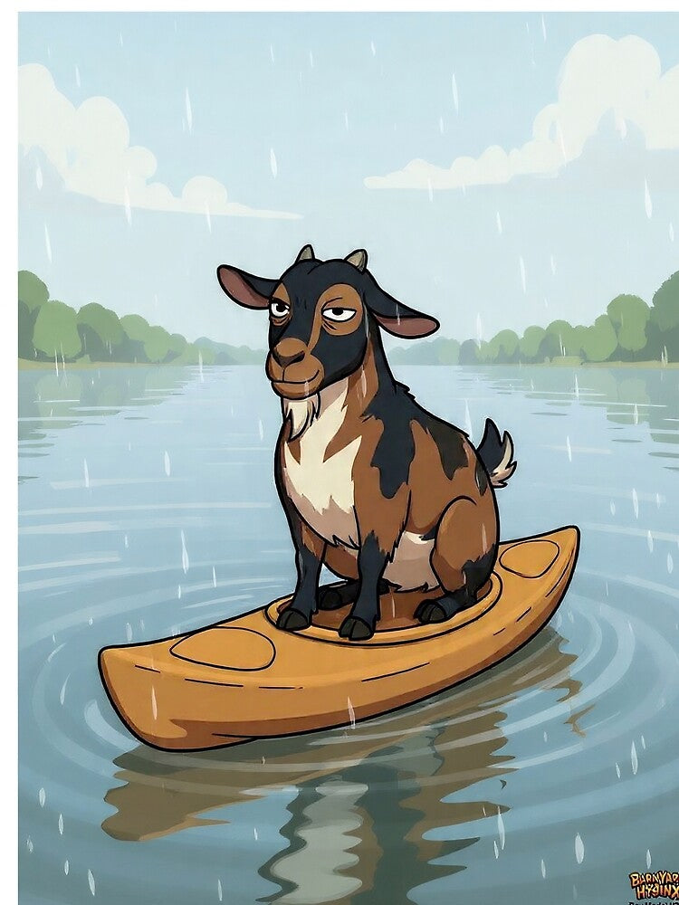 Goat in Kayak Cartoon Sticker - Rex Dissociating in Rain Meme by BarnyardHyjinx