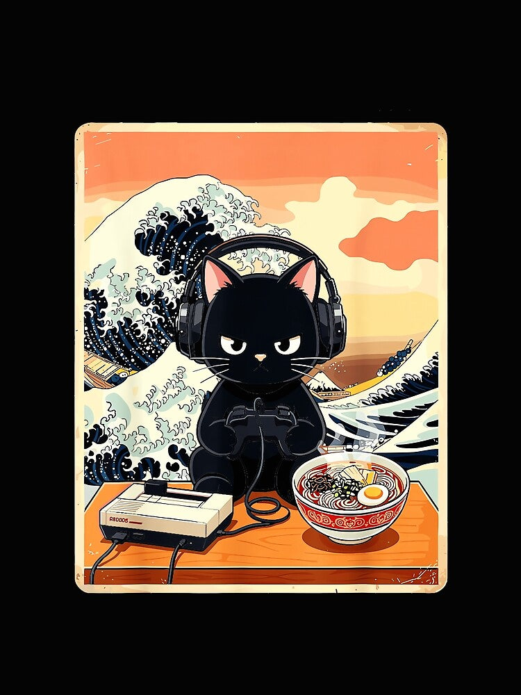 Cat Gamer Retro Gaming Headphones Ramen Food by AmaXONIC