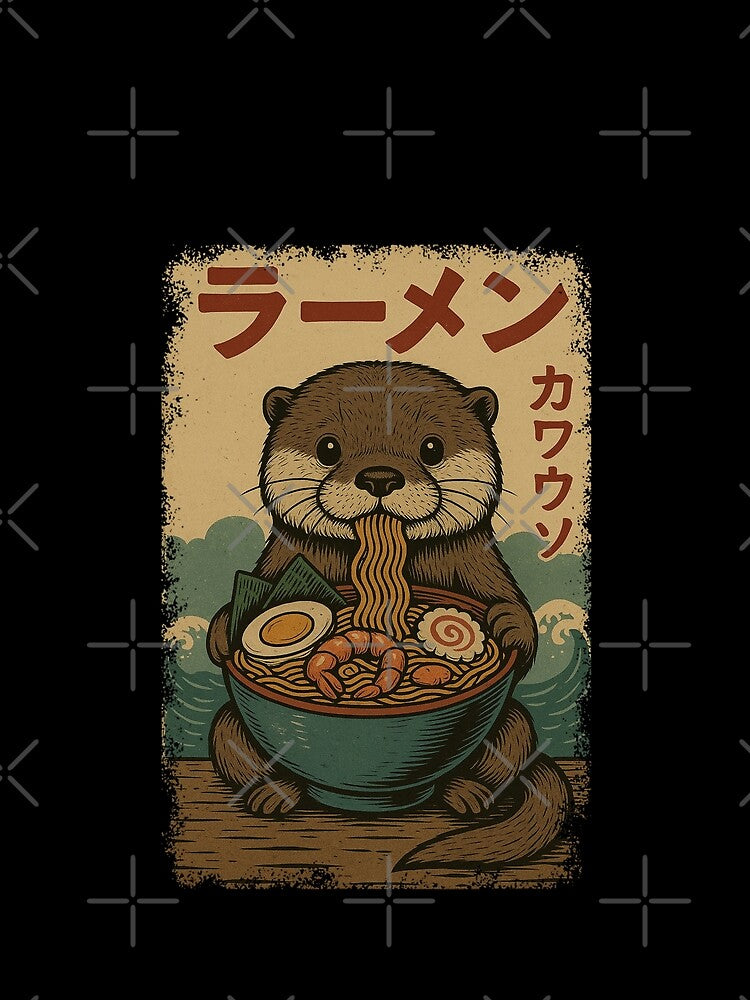 Cute Otter Ramen with Shrimp and Waves Japanese Retro Vintage Style by Damcoc