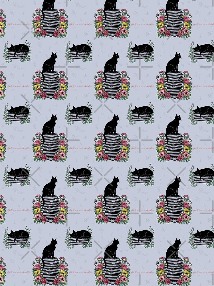 Just One More Chapter – Cats on Books Floral Seamless Pattern in Blue by WildLakePatterns