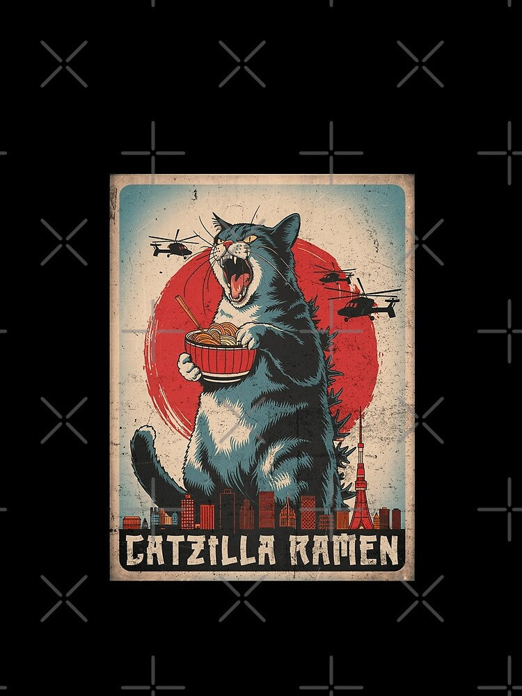 Catzilla Ramen Giant Cat Eats Noodles in Tokyo Retro Distressed Art by Damcoc