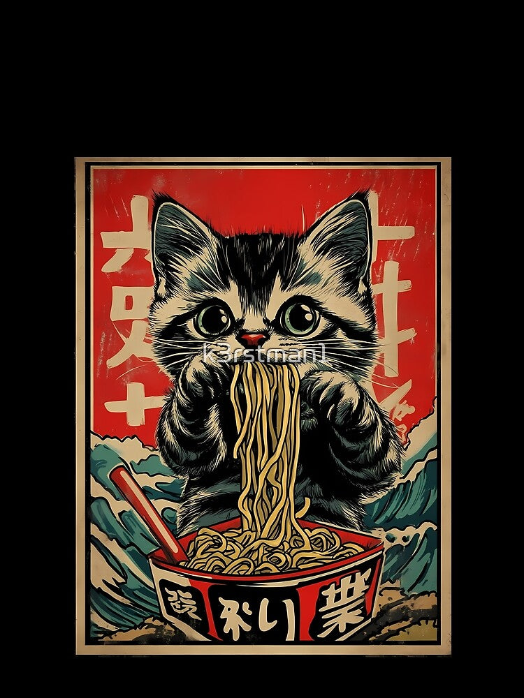 Cute Cat Eating Ramen Japanese Vintage Art by k3rstman1