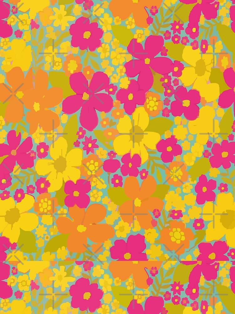 Bright Retro Floral Pattern - Turquoise & Pink 70s Flower Power Art by BestChoiceService