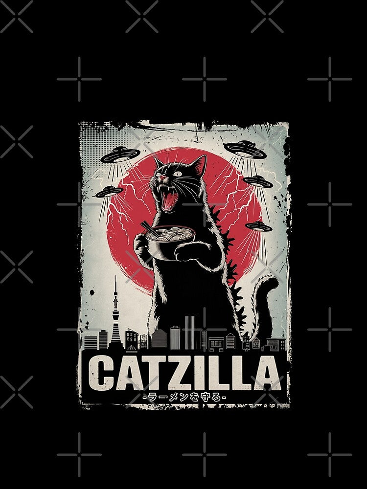 Catzilla UFO Ramen Invasion Retro Tokyo Cat Monster Japanese Art by Damcoc