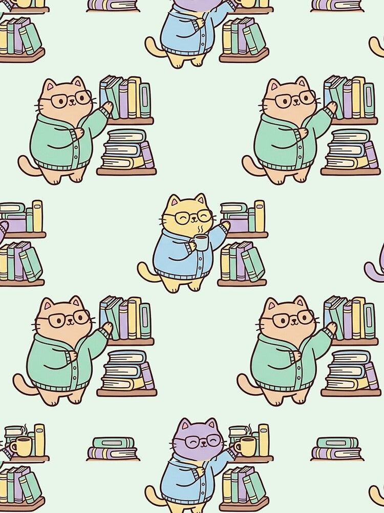 Kawaii Library Cat Seamless Pattern - Pastel Aesthetic Bookworm Kitty - Cozy Student Life Decor by HappySproutArt