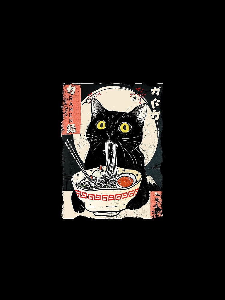 Black Cat Eating Ramen Cute Anime Style by titanlevi