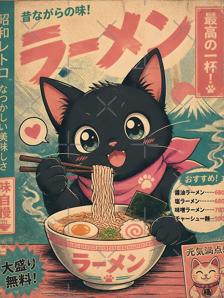 Cute Black Cat Eating Ramen Japanese Ukiyoe Vintage Kawaii by GrinGalore